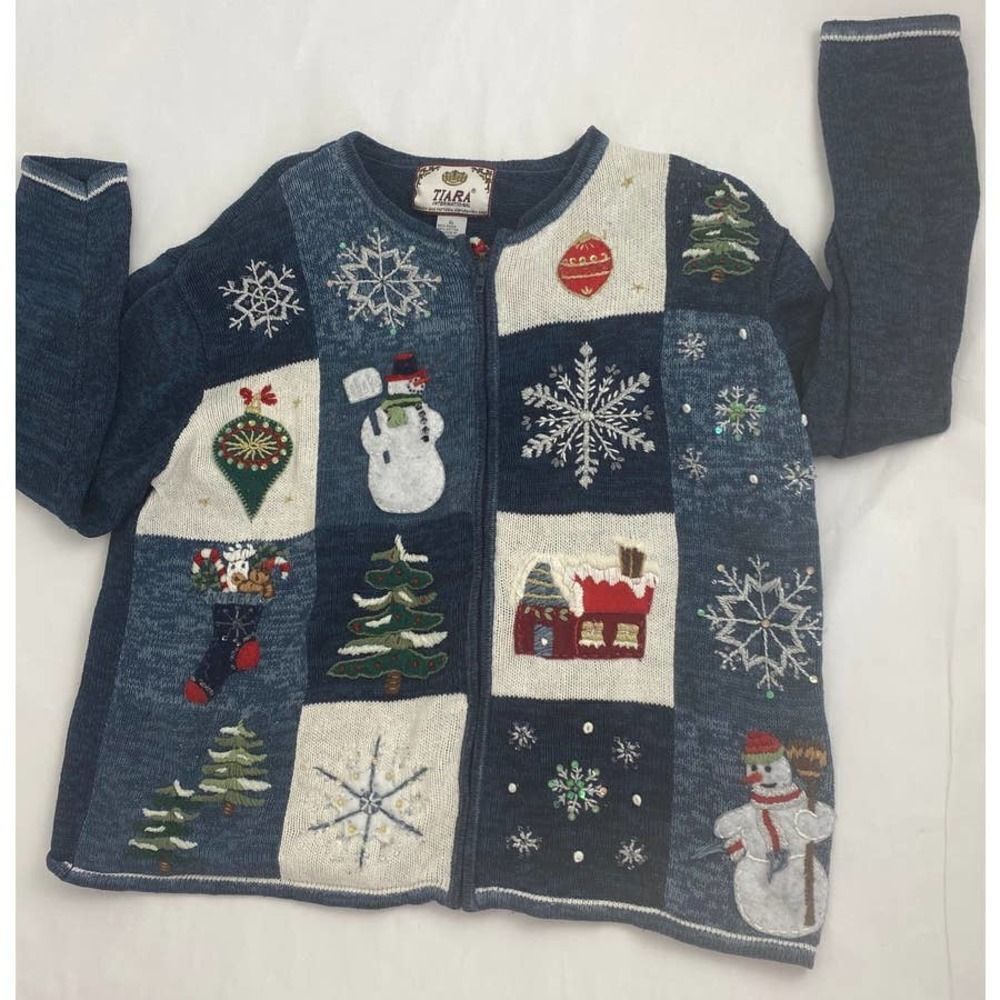 2002 Tiara Navy Patchwork Holiday Cardigan Sweater - Snowflake & Snowman
